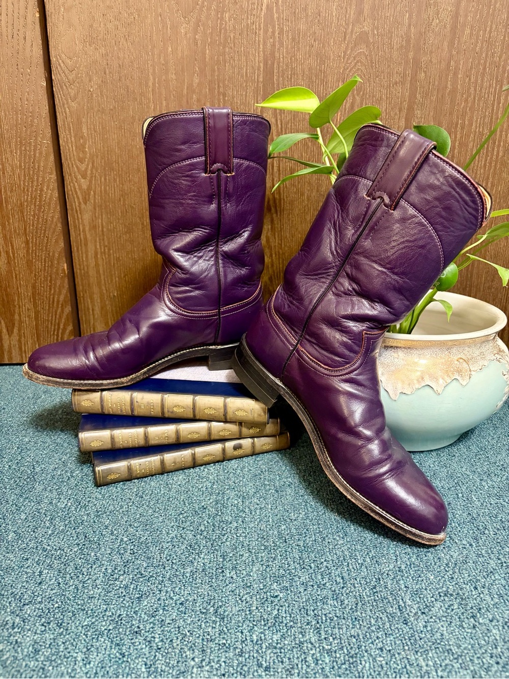 Justin Boots Purple Leather Mid-Calf Western Heeled Boots